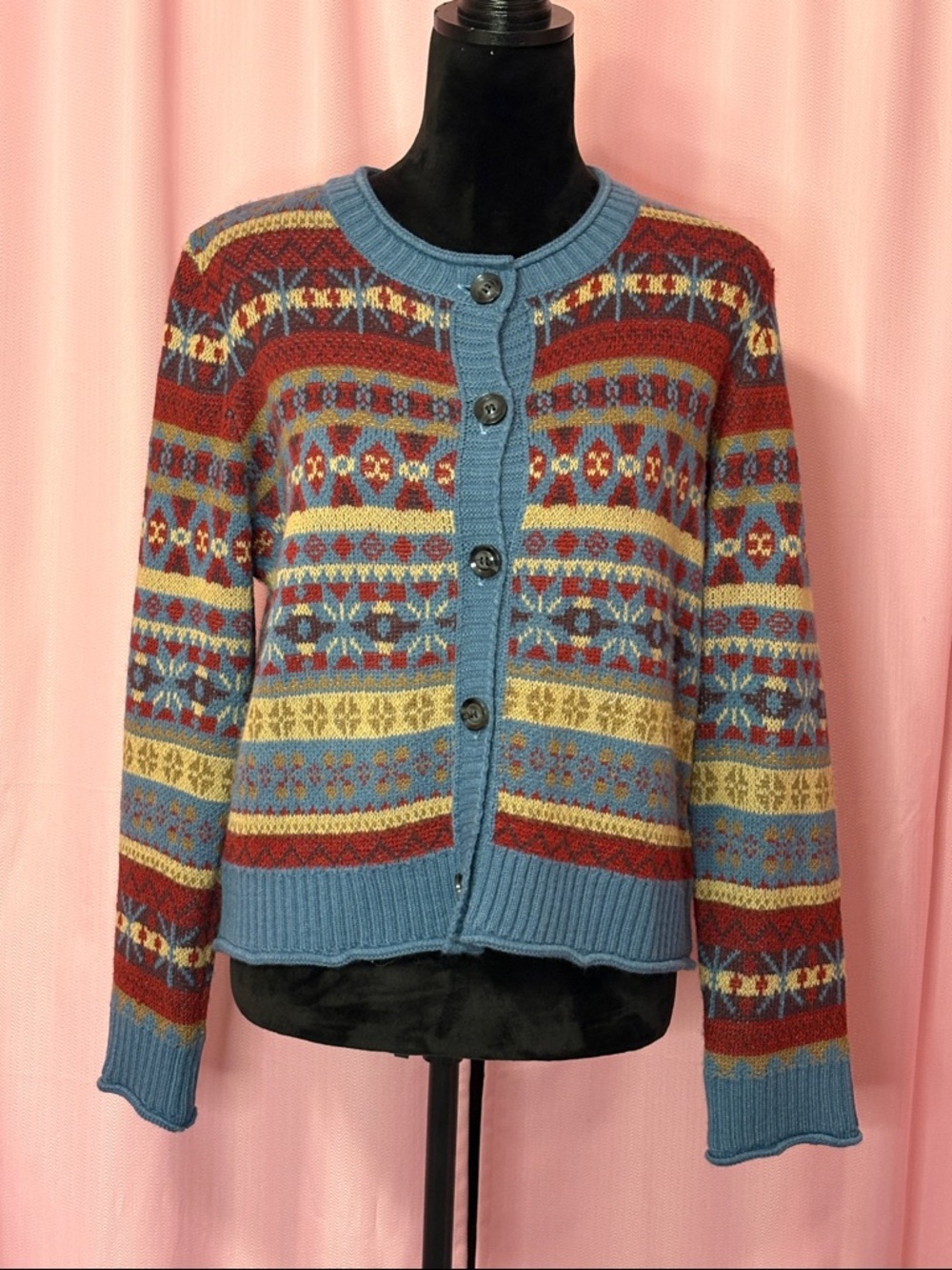 Geometric Pattern Button Up Crew Neck Cardigan